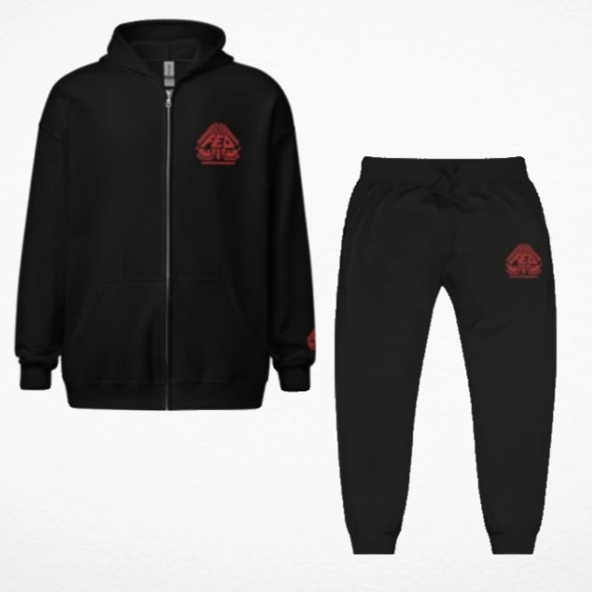 Premium Embroidery Black & Red Fed Up Zip Sweatsuit